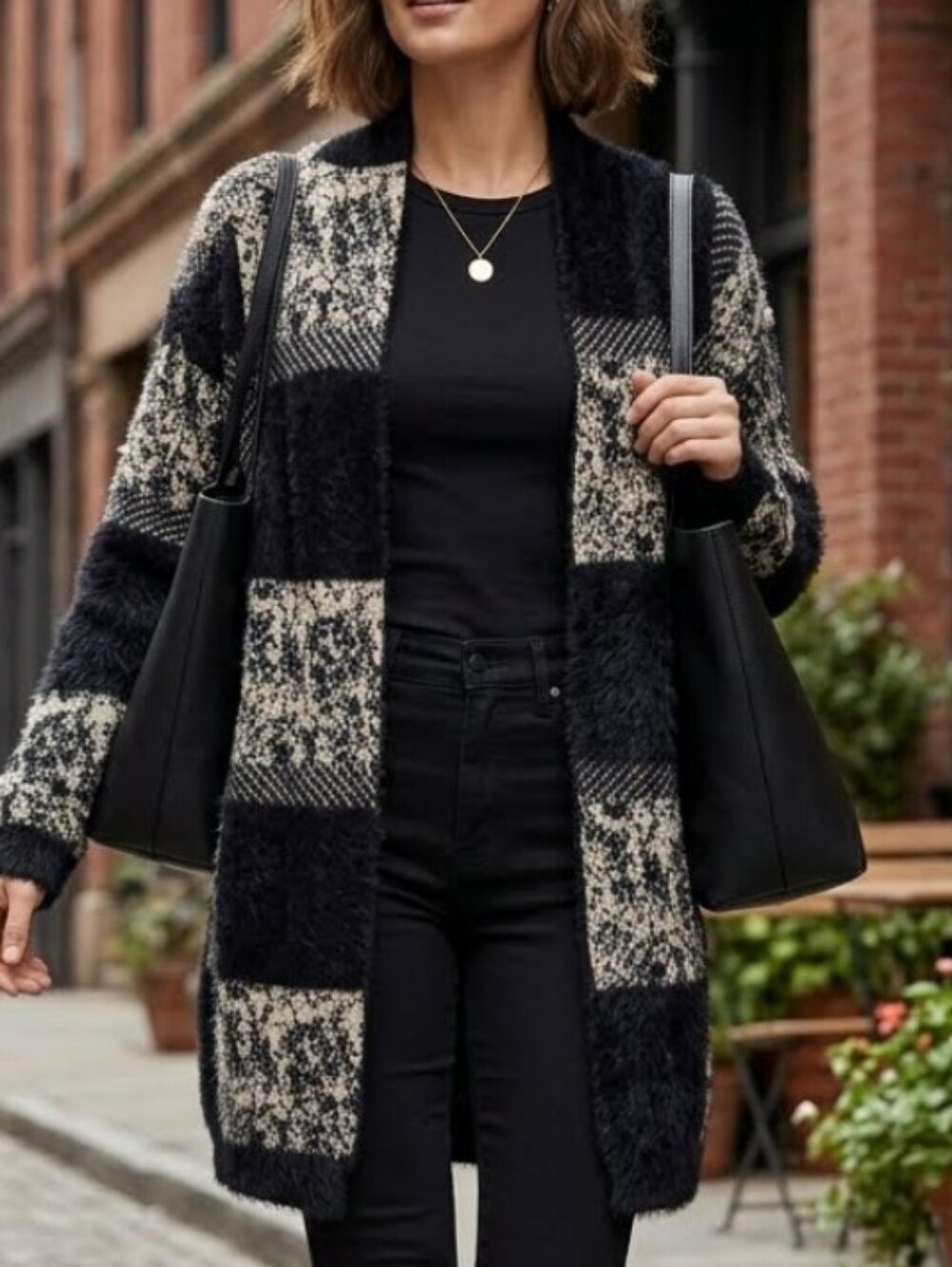 Cozy Black & Cream Open-Front Plaid Cardigan Sweater